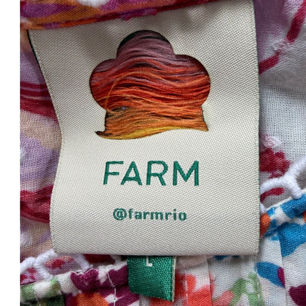 Farm Rio Floral Pom Pom Trim Swiss Dot Babydoll Blouse Multi Color Womens Large - Picture 3 of 7